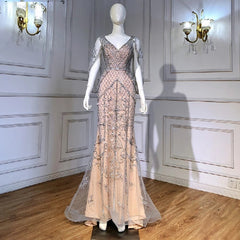 V-Neck Crystal Shawl Yarn Evening Dresses