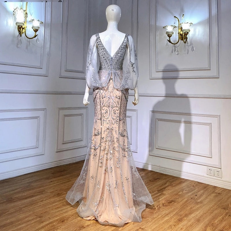 V-Neck Crystal Shawl Yarn Evening Dresses