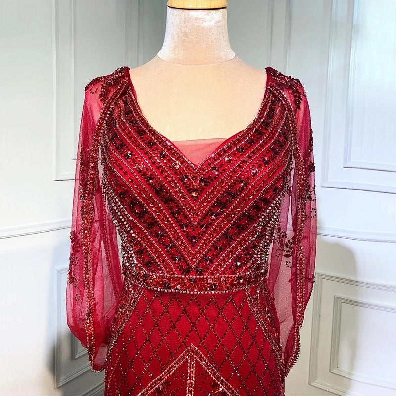 V-Neck Crystal Shawl Yarn Evening Dresses