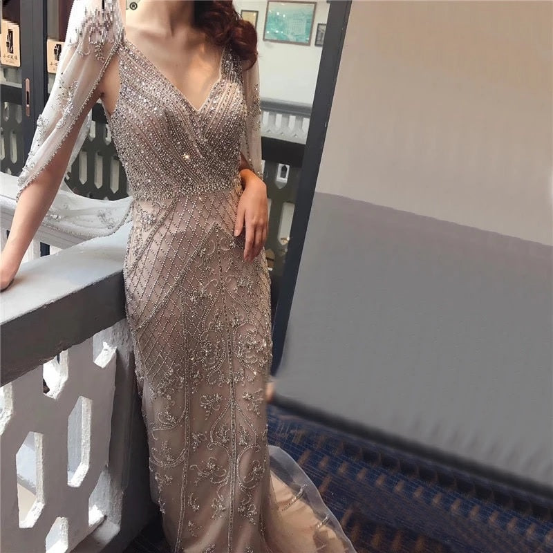 V-Neck Crystal Shawl Yarn Evening Dresses