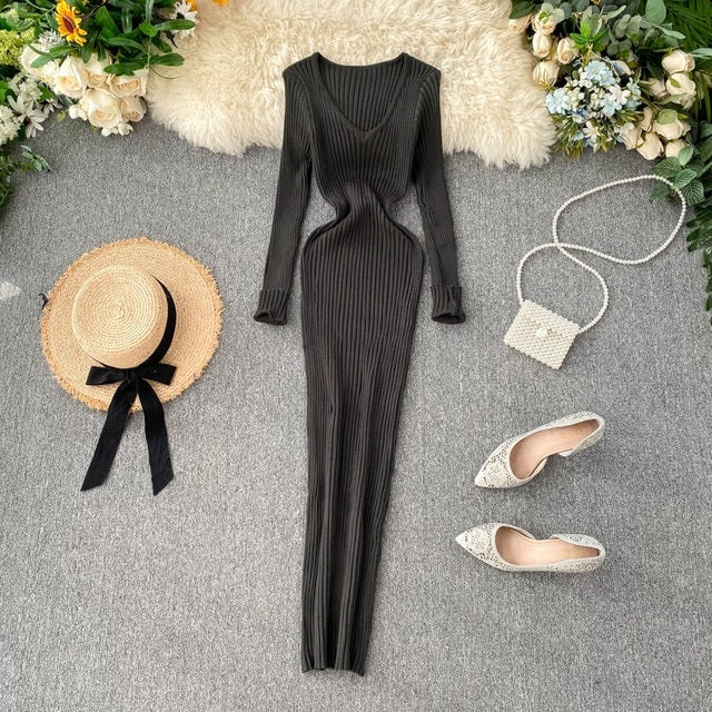 V Neck Slim Elastic Bodycon Sweater Dress