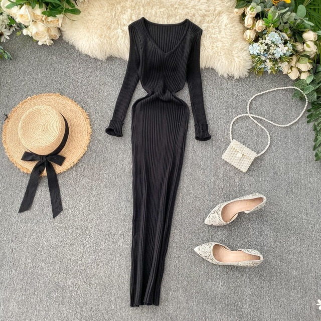 V Neck Slim Elastic Bodycon Sweater Dress