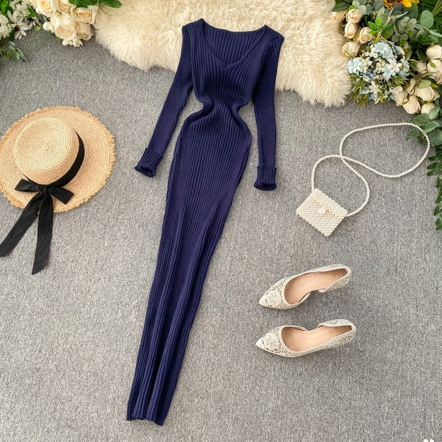 V Neck Slim Elastic Bodycon Sweater Dress