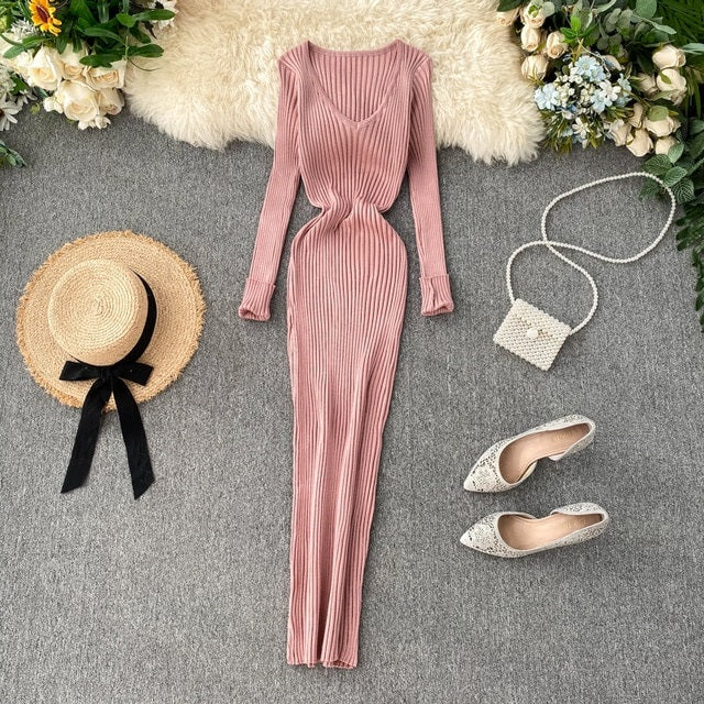 V Neck Slim Elastic Bodycon Sweater Dress