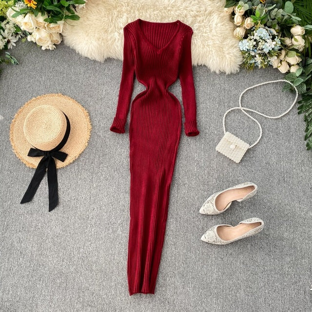V Neck Slim Elastic Bodycon Sweater Dress