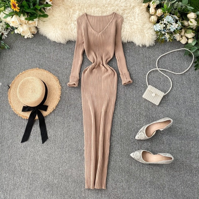 V Neck Slim Elastic Bodycon Sweater Dress