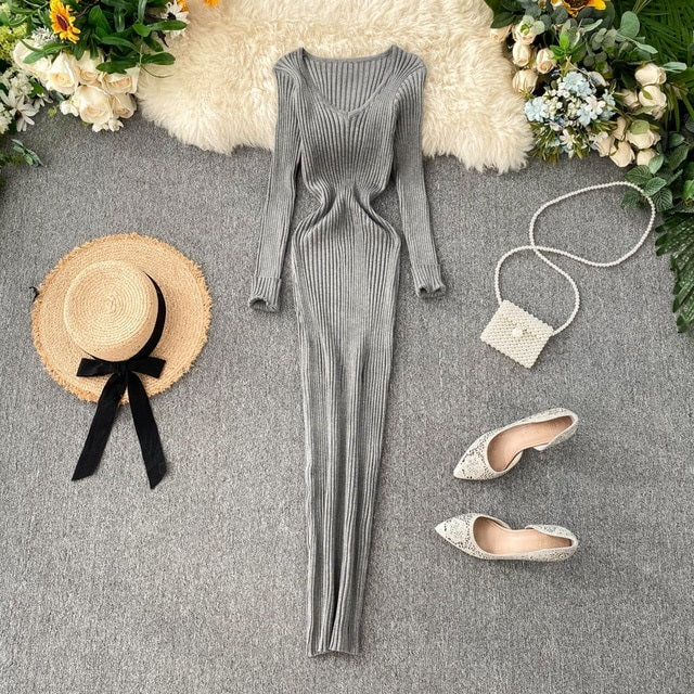 V Neck Slim Elastic Bodycon Sweater Dress