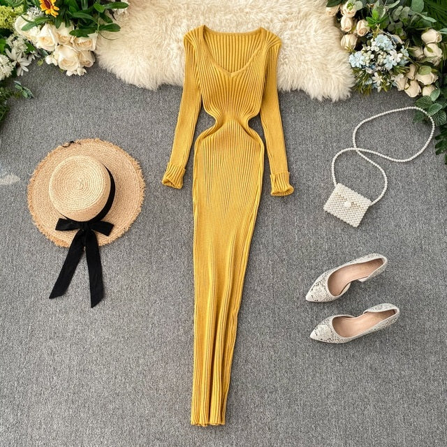 V Neck Slim Elastic Bodycon Sweater Dress