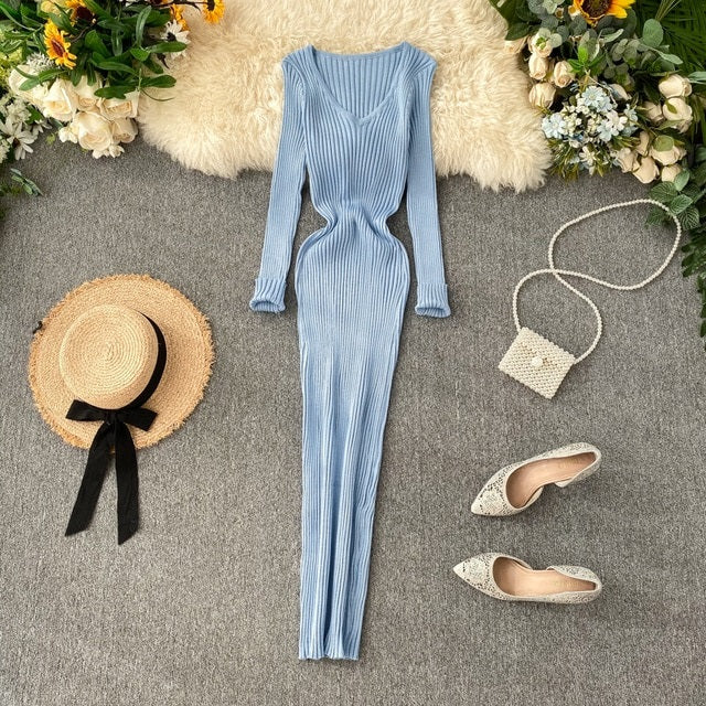 V Neck Slim Elastic Bodycon Sweater Dress