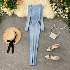 V Neck Slim Elastic Bodycon Sweater Dress