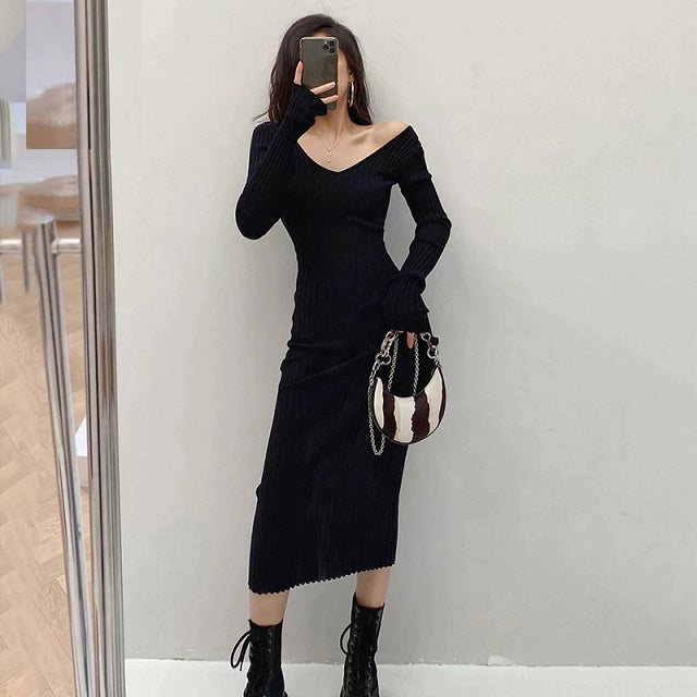 V Neck Slim Elastic Bodycon Sweater Dress