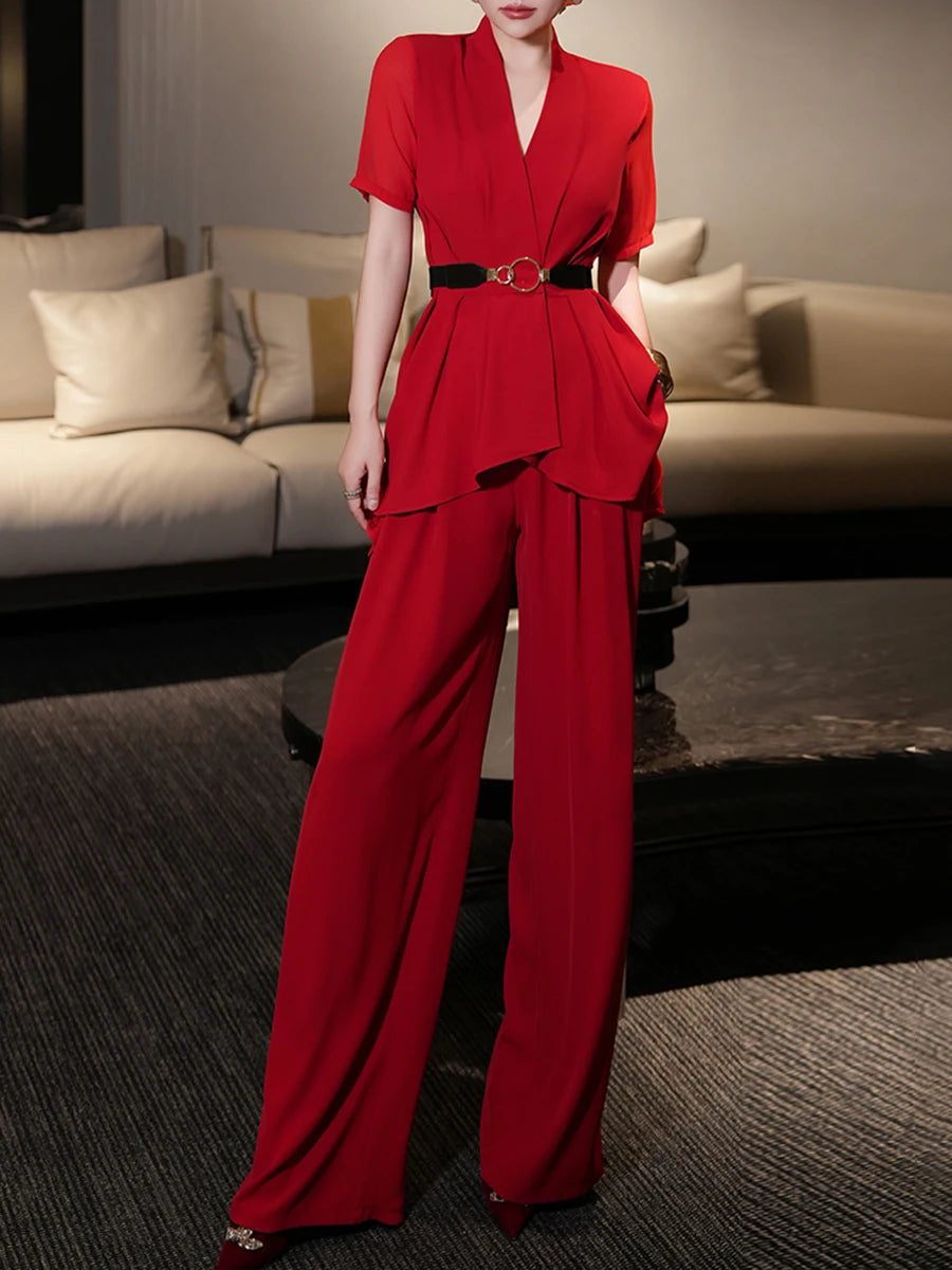 V Neck Short Sleeve Spliced Belt Coat High Waist Pant Sets