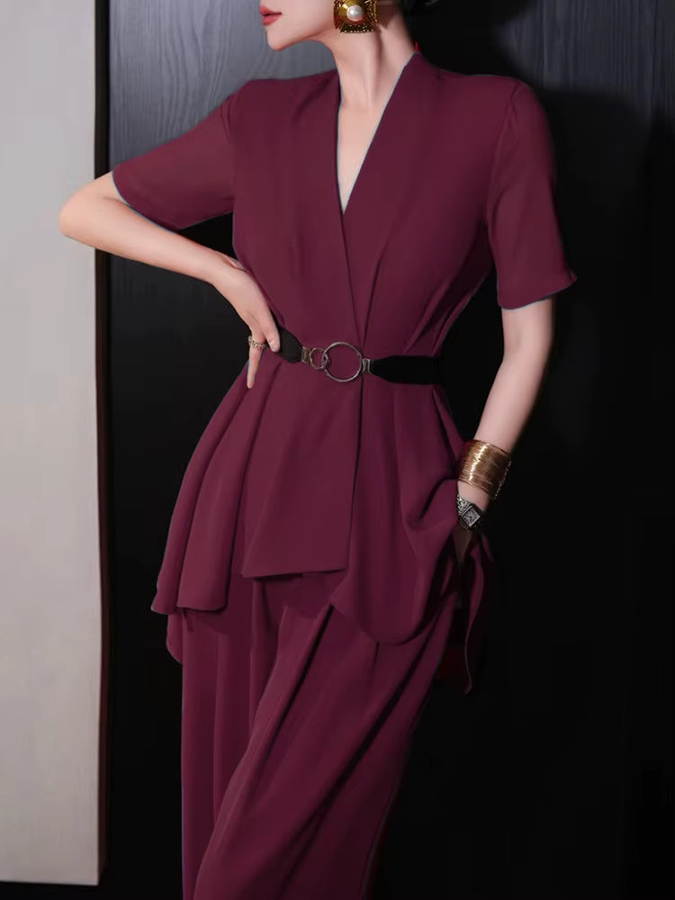 V Neck Short Sleeve Spliced Belt Coat High Waist Pant Sets