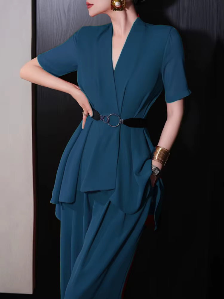 V Neck Short Sleeve Spliced Belt Coat High Waist Pant Sets