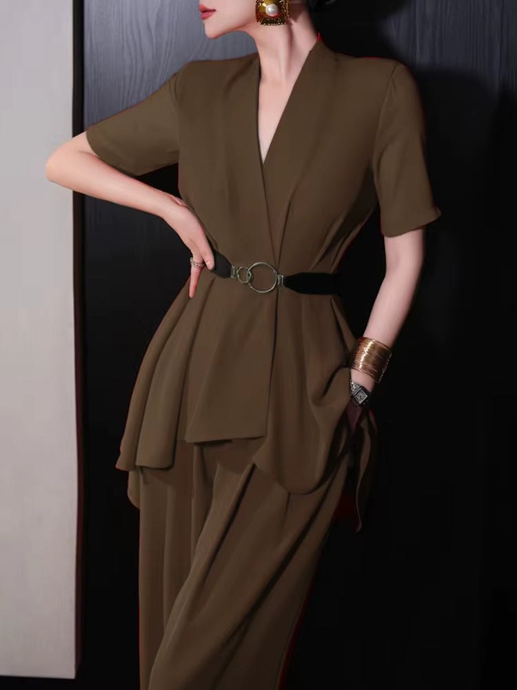 V Neck Short Sleeve Spliced Belt Coat High Waist Pant Sets