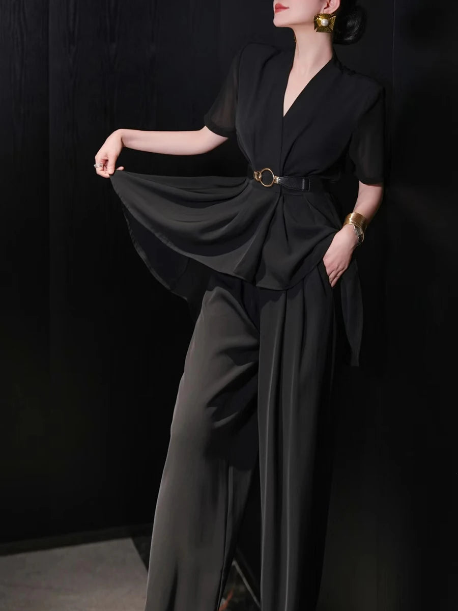 V Neck Short Sleeve Spliced Belt Coat High Waist Pant Sets