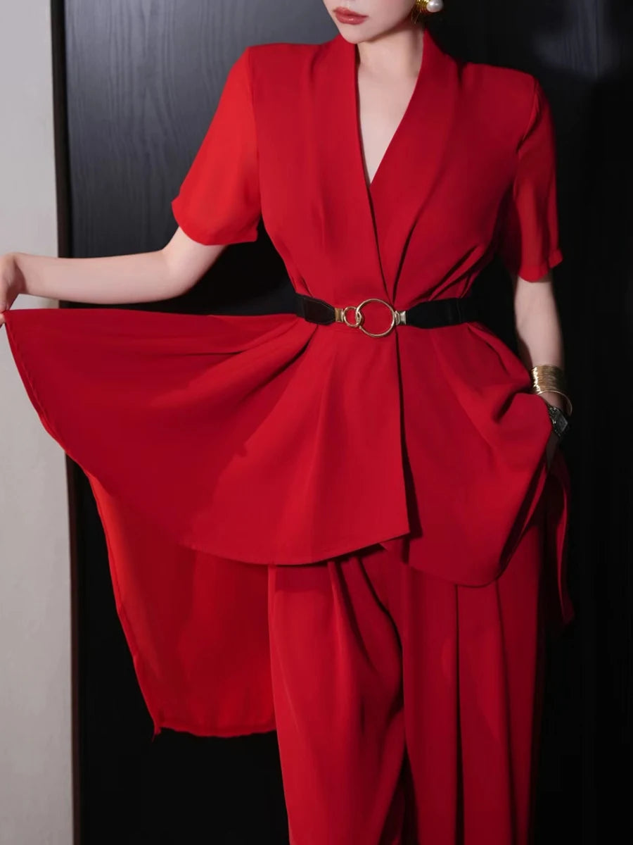 V Neck Short Sleeve Spliced Belt Coat High Waist Pant Sets