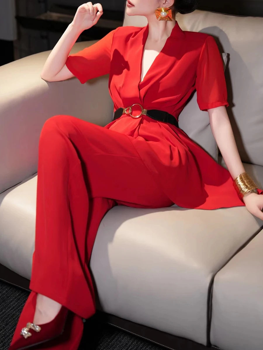 V Neck Short Sleeve Spliced Belt Coat High Waist Pant Sets