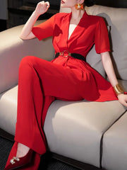 V Neck Short Sleeve Spliced Belt Coat High Waist Pant Sets