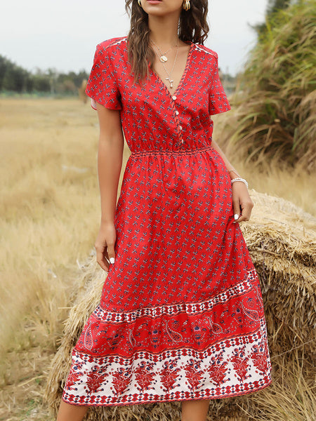 V Neck Short Sleeves Floral Print Beach Dress