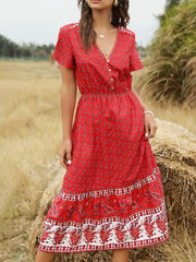 V Neck Short Sleeves Floral Print Beach Dress