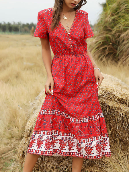 V Neck Short Sleeves Floral Print Beach Dress