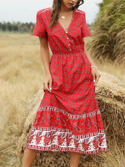 V Neck Short Sleeves Floral Print Beach Dress