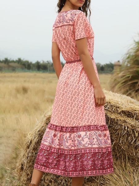 V Neck Short Sleeves Floral Print Beach Dress