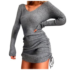V Neck Solid Color Long Sleeves Bodycon Drawstring Mini Casual Sweater Dresses
