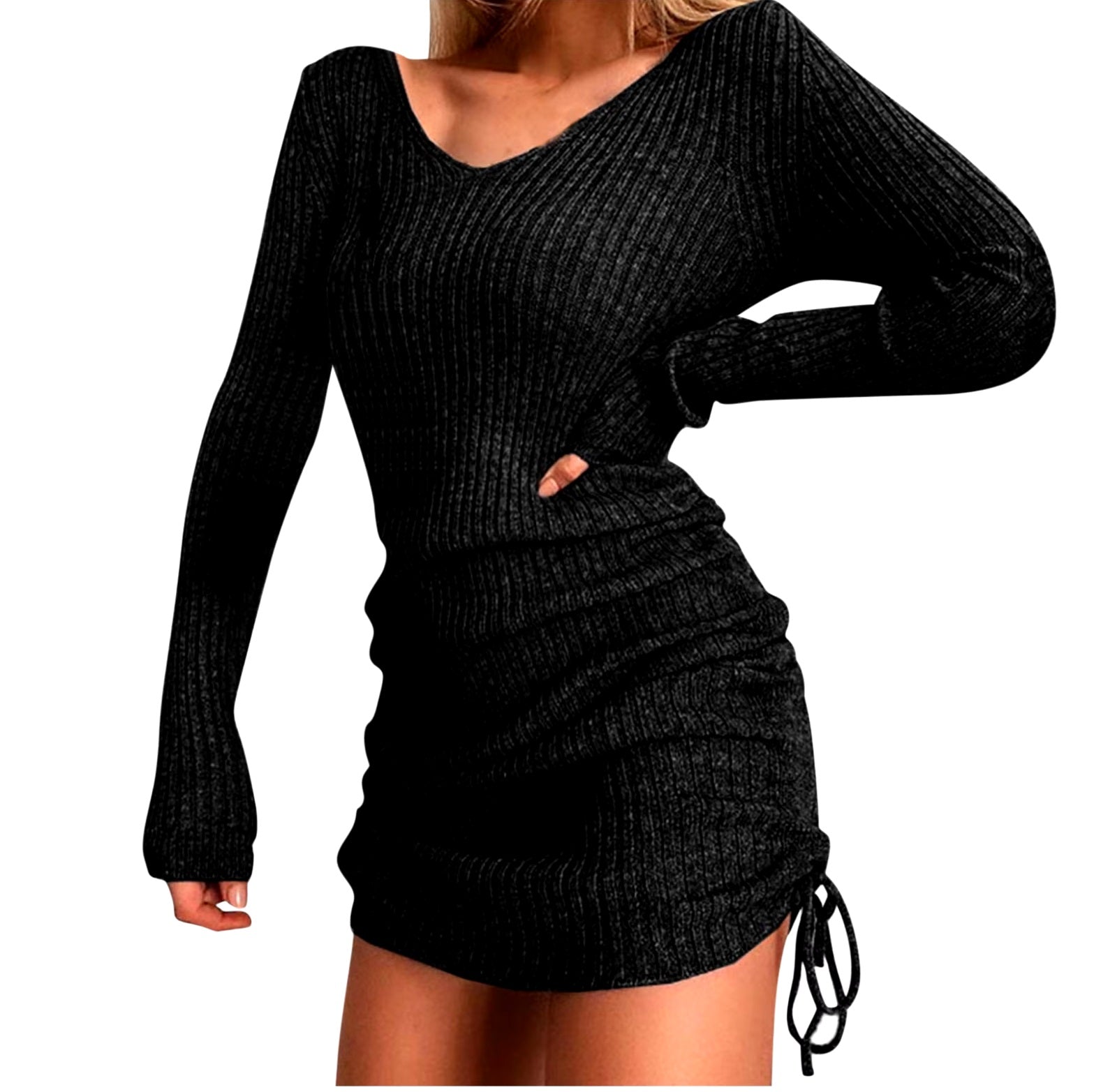 V Neck Solid Color Long Sleeves Bodycon Drawstring Mini Casual Sweater Dresses