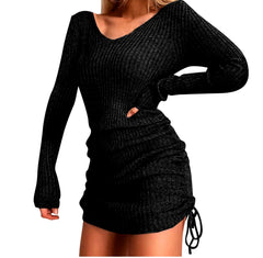 V Neck Solid Color Long Sleeves Bodycon Drawstring Mini Casual Sweater Dresses