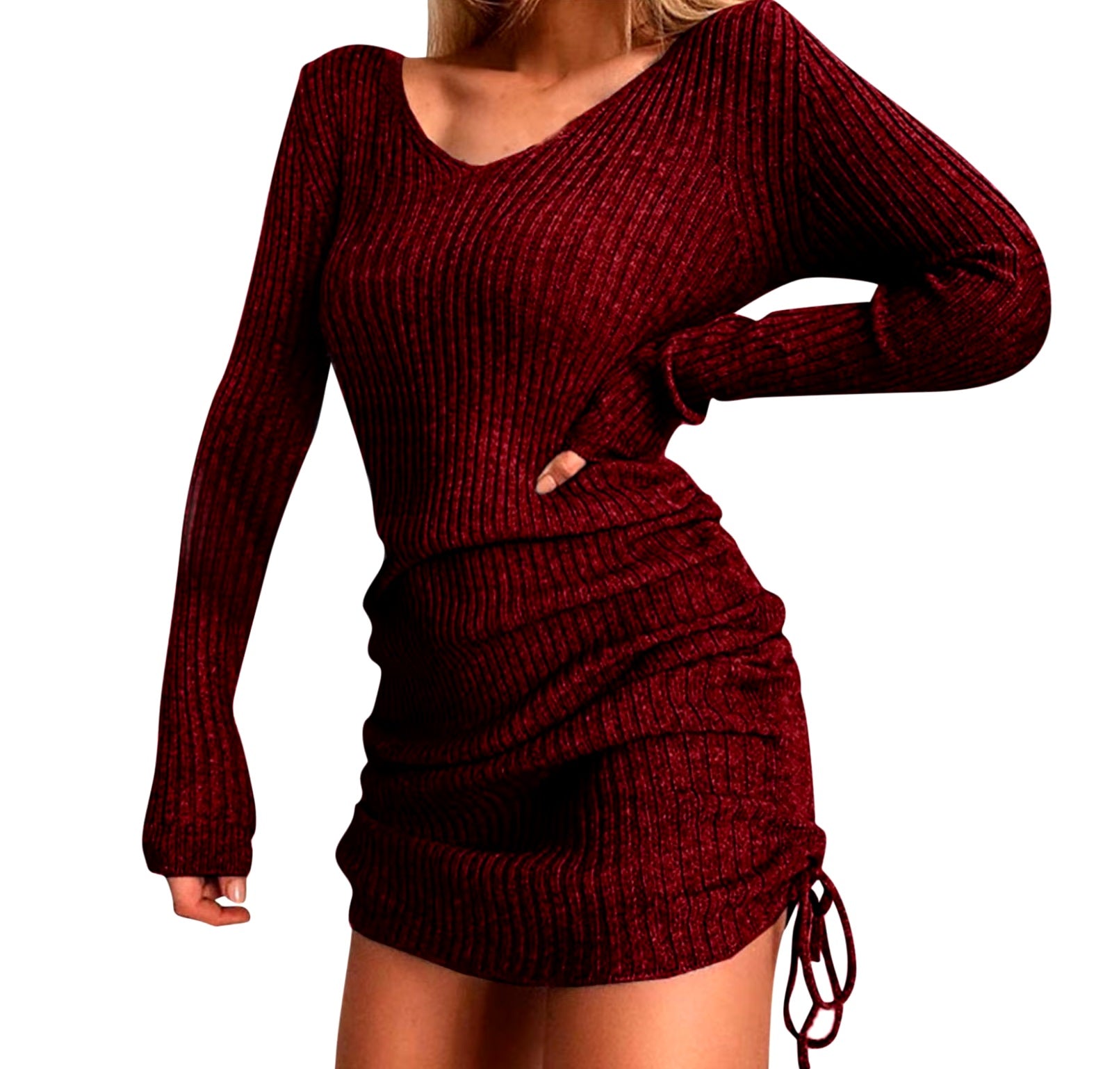 V Neck Solid Color Long Sleeves Bodycon Drawstring Mini Casual Sweater Dresses