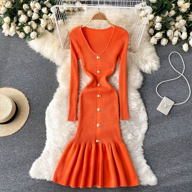 V Neck Solid Elastic V Neck Solid Elastic Sweater Dress