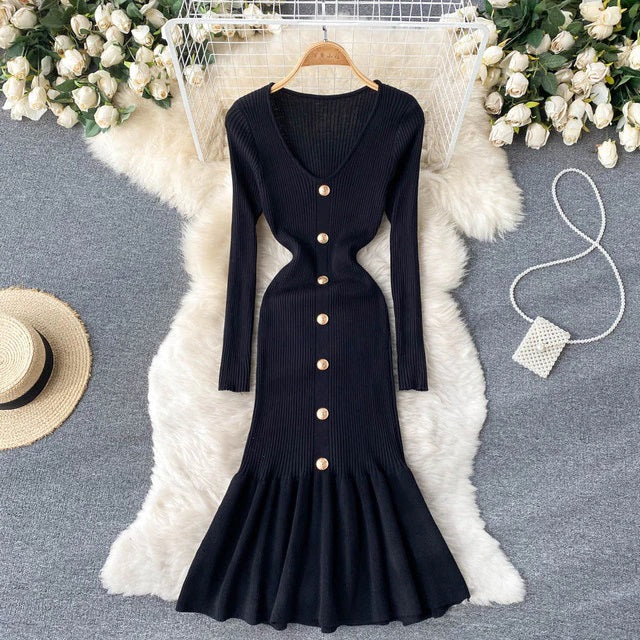 V Neck Solid Elastic V Neck Solid Elastic Sweater Dress