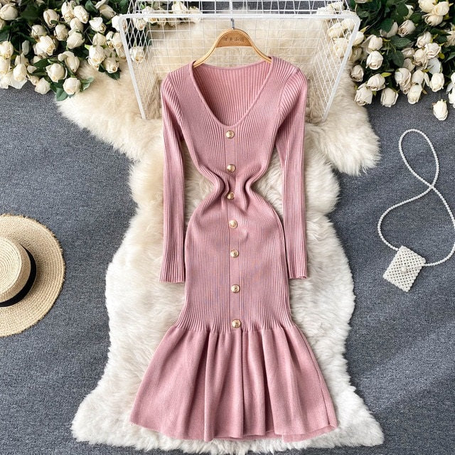 V Neck Solid Elastic V Neck Solid Elastic Sweater Dress