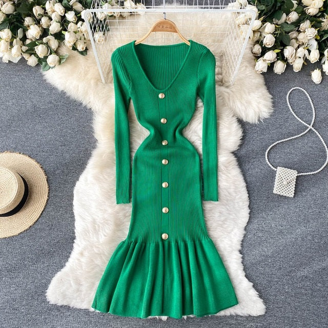 V Neck Solid Elastic V Neck Solid Elastic Sweater Dress