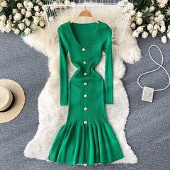 V Neck Solid Elastic V Neck Solid Elastic Sweater Dress