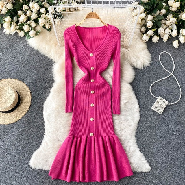 V Neck Solid Elastic V Neck Solid Elastic Sweater Dress