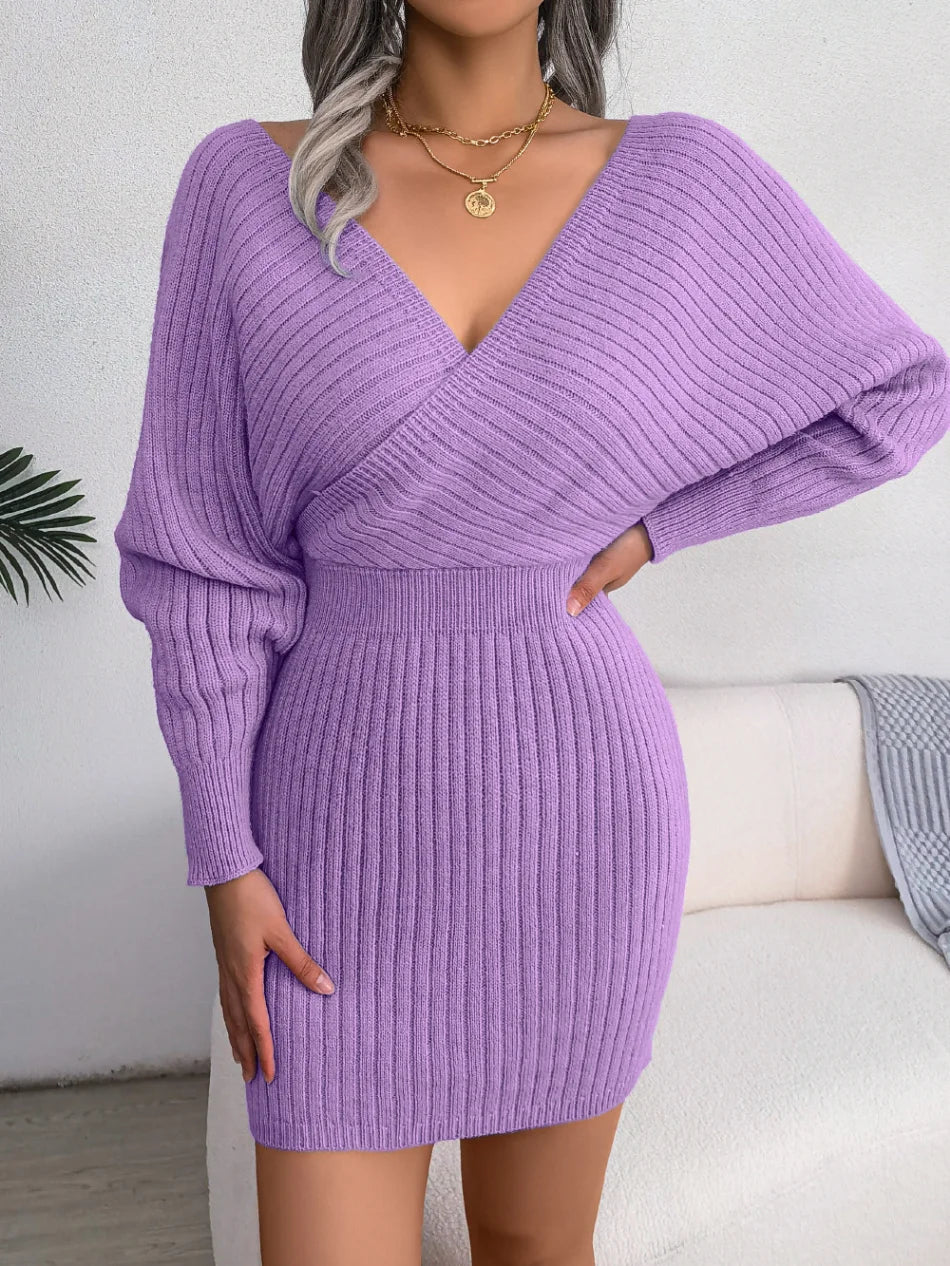 V-neck Batwing Sleeve High Waist Knitted Pack Hip Streetwear Party Warm Dresses