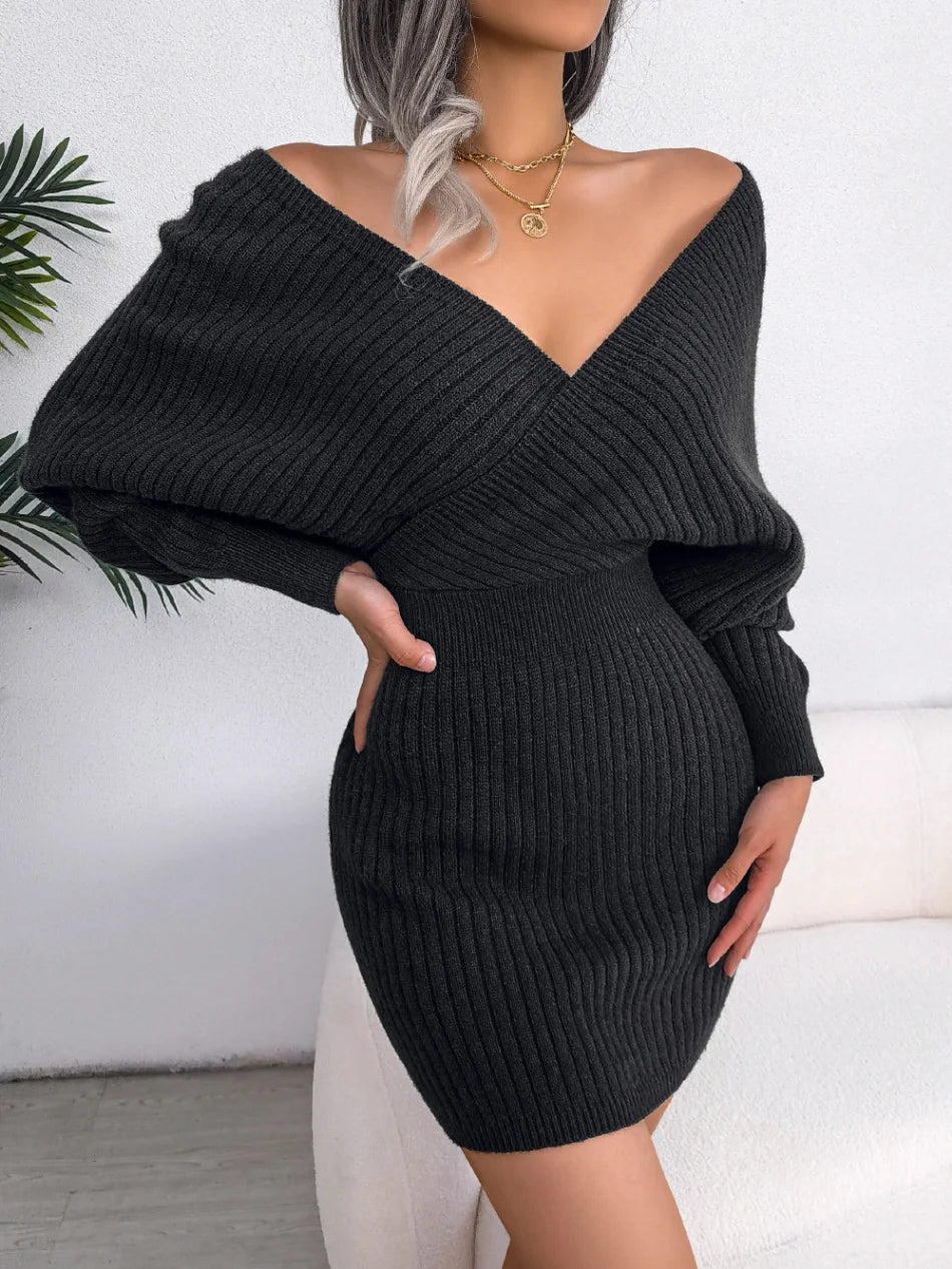 V-neck Batwing Sleeve High Waist Knitted Pack Hip Streetwear Party Warm Dresses