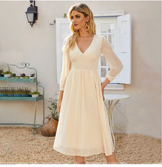 V-neck Chiffon Midi Dress Elegant Bohemian Style Dress for Winter Party
