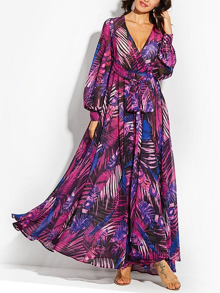 V-neck Green Leaves Printing Dresses