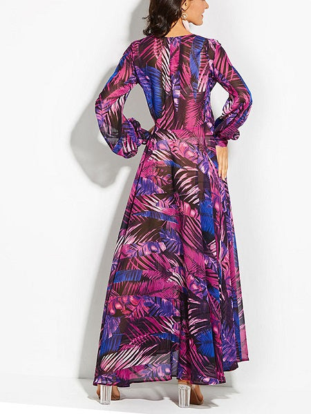 V-neck Green Leaves Printing Dresses