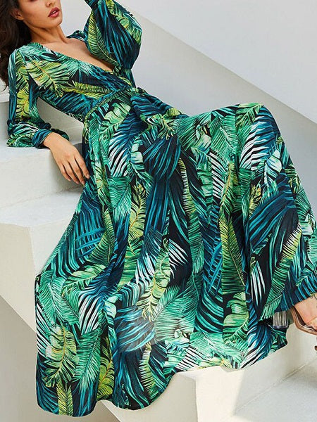 V-neck Green Leaves Printing Dresses