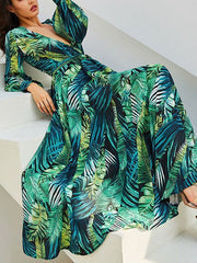 V-neck Green Leaves Printing Dresses