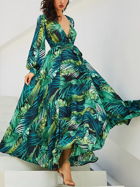 V-neck Green Leaves Printing Dresses