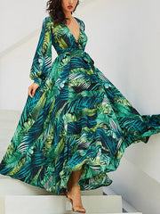 V-neck Green Leaves Printing Dresses