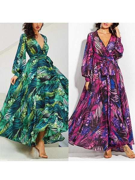 V-neck Green Leaves Printing Dresses