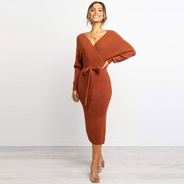 V-neck Lace-up Knitted Dress