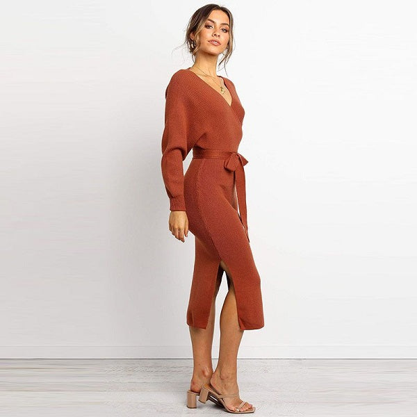 V-neck Lace-up Knitted Dress